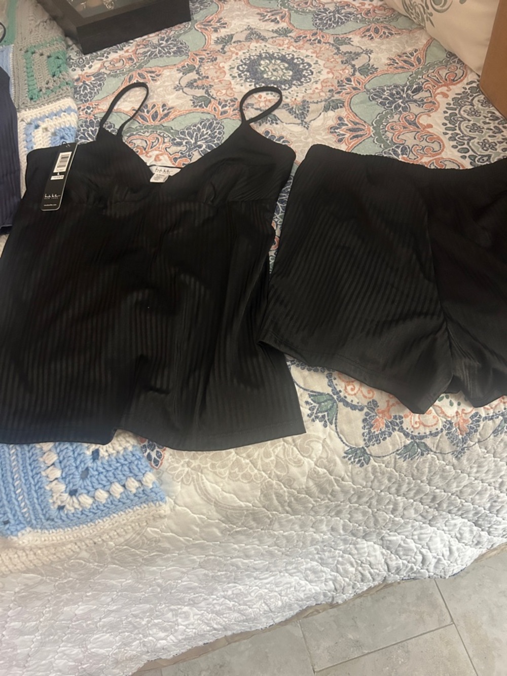 Black Ribbed Satin Cami and Shorts Set by Nicole Miller New York